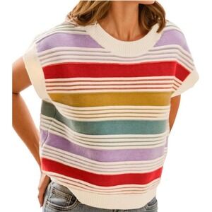 Womens Striped Color Block Sweater Vest Cap Sleeve Loose Knit Top Multicolor